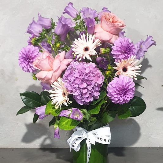 The "Canterbury Bells | June Mixed Vase" by Flowers on Norton St features a bouquet of purple dahlias, pink roses, and delicate Canterbury bells, complemented by hydrangeas and pale pink gerbera daisies. Green leaves add freshness, arranged in a vase with a white ribbon on a neutral gray background.