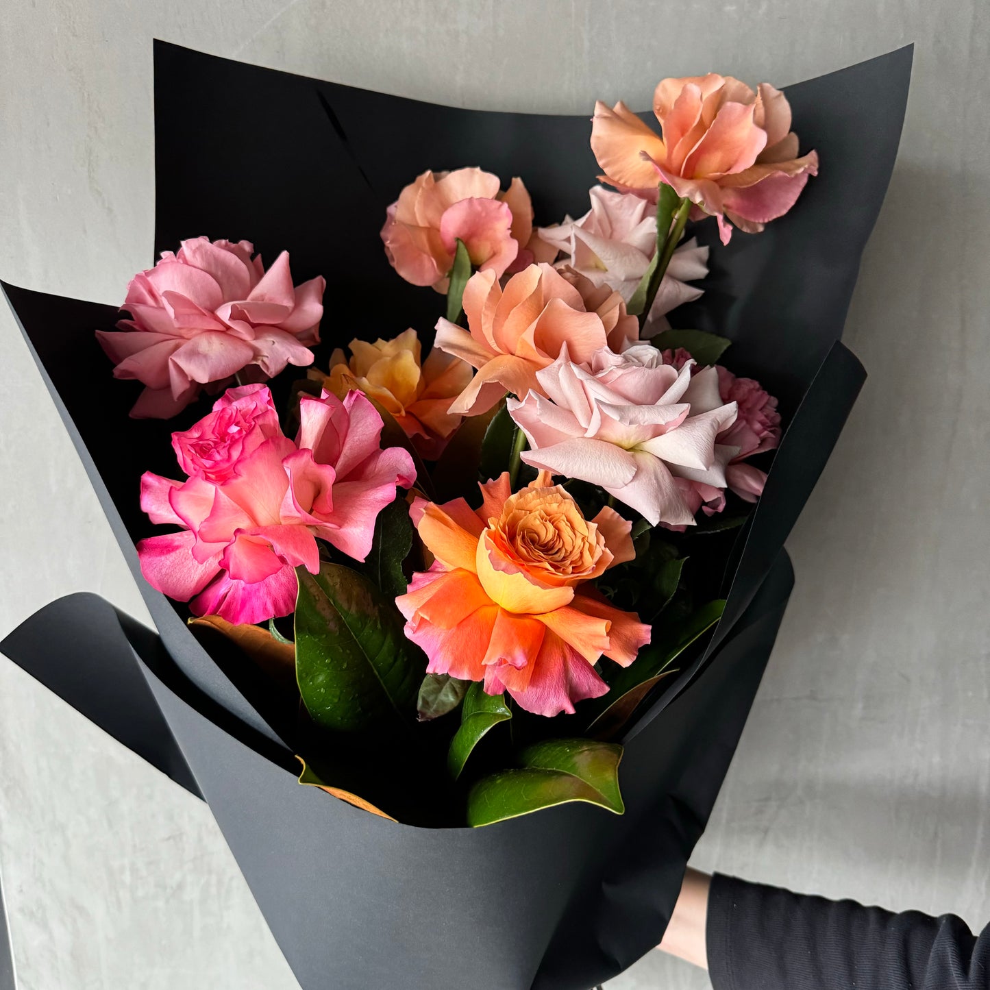 The Statement Roses by Flowers on Norton St feature a bouquet of Colombian roses elegantly presented in black wrapping paper, showcasing various shades of pink, peach, and orange. These fresh and vibrant flowers can be personalized and are beautifully held against a light gray background.