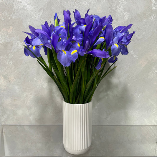 The Lovely Iris Vase by Flowers on Norton St showcases vibrant purple irises with yellow accents in a tall, ribbed white ceramic vase against a textured gray backdrop.