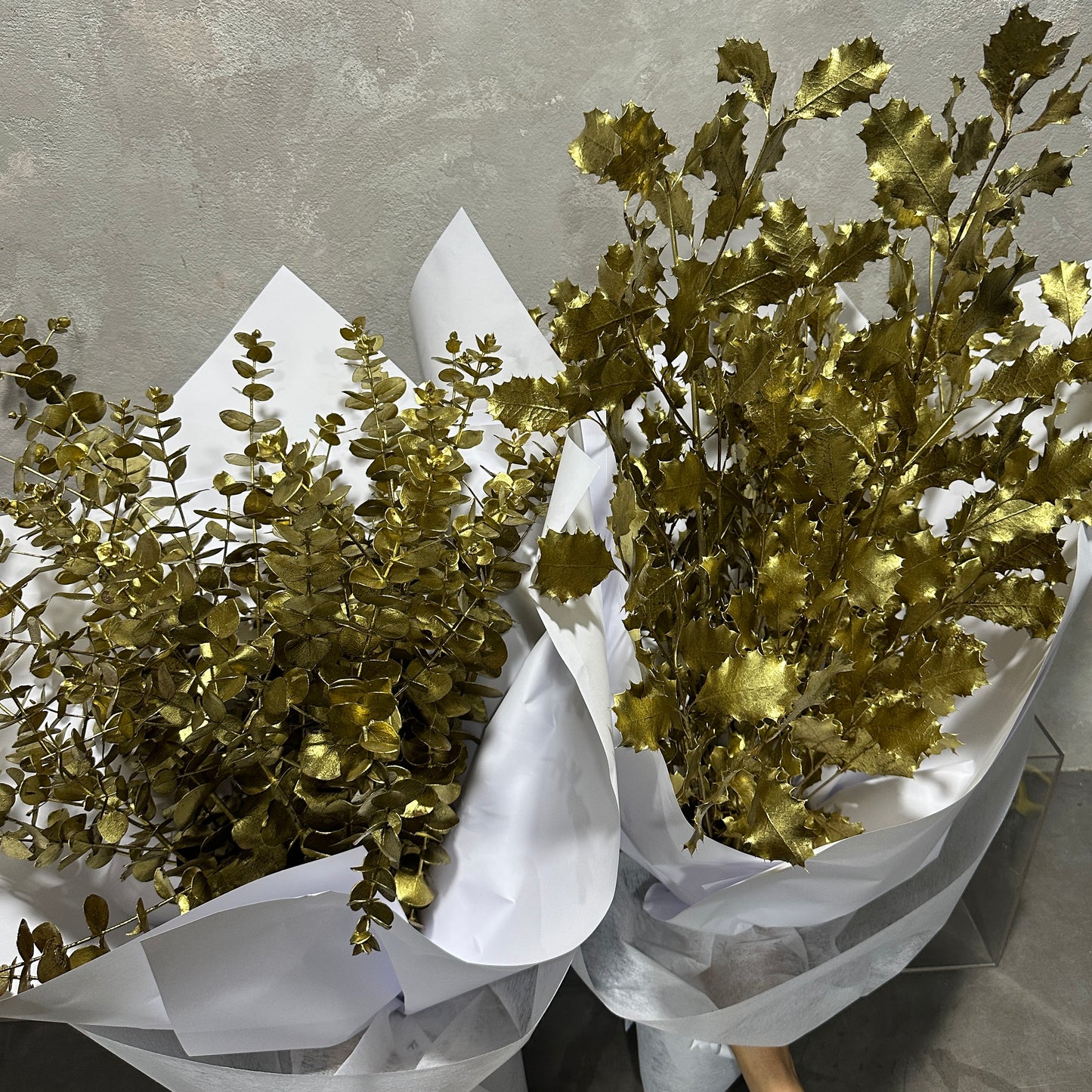 Two bouquets of Dried Gold Xmas Foliage by Flowers on Norton St, wrapped in white paper, stand against a gray textured wall. The metallic gold leaves, reminiscent of festive Christmas decorations, vary in shape and size, offering a striking contrast with their shiny, reflective surfaces.