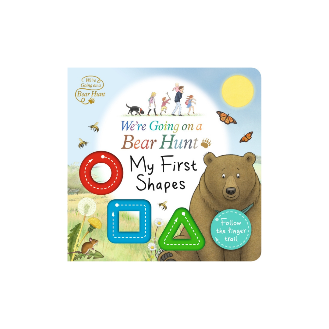 The children's book from FlowersonNortonSt, part of their Baby Books collection, features a cover titled "We're Going on a Bear Hunt: My First Shapes." It includes a bear, vibrant shapes, and charming illustrations of a family walking. This cherished classic encourages young readers to trace an engaging finger trail through its pages.