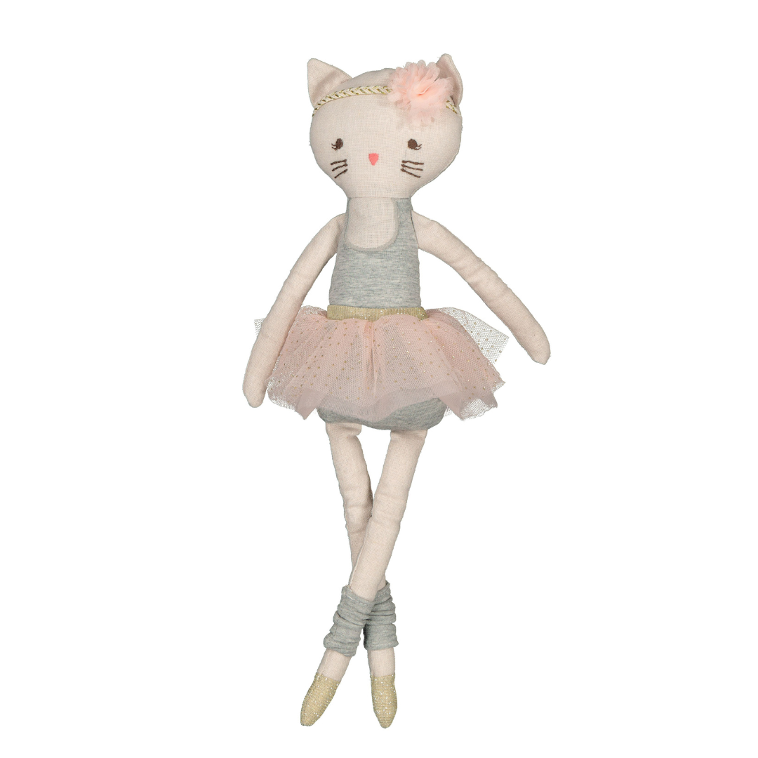 Introducing the Lily & George | Daisy Dancing Cat by Flowers on Norton St, a plush feline adorned in a charming ballet outfit. She twirls elegantly in her gray and pink tutu, complete with gold ballet shoes and a coordinating headband. A lovely pink flower sits atop her head, while her embroidered whiskers outline an enchanting smile.