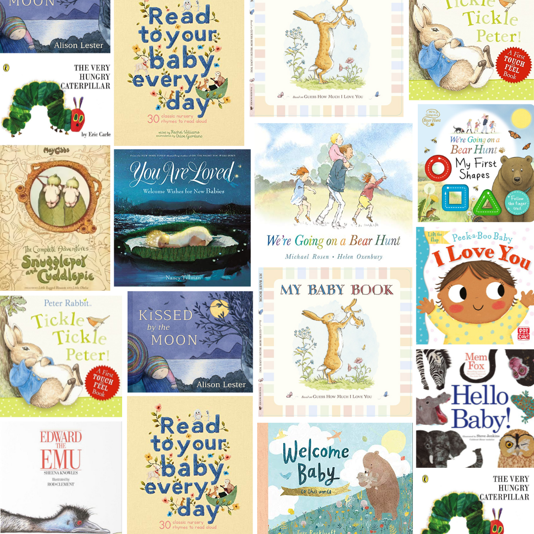 A collection of cherished children's classics from FlowersonNortonSt, showcasing vibrant and whimsical illustrations. This assortment includes titles like "The Very Hungry Caterpillar," "We're Going on a Bear Hunt," "Read to Your Baby Every Day," "Kissed by the Moon," and "Hello Baby!" among others.